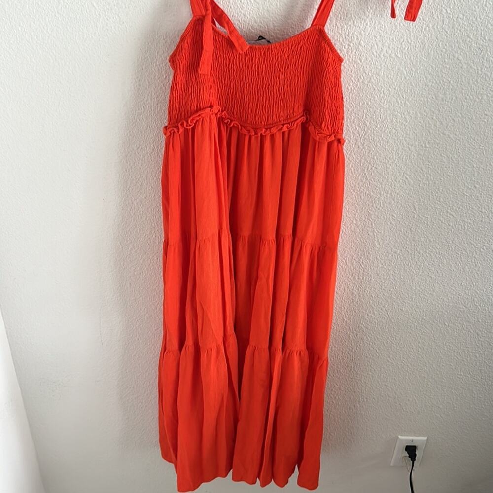 Zara Bloggers Favorite Smocked Tiered Poplin Maxi Dress Summer Red Orange Small - Picture 8 of 9